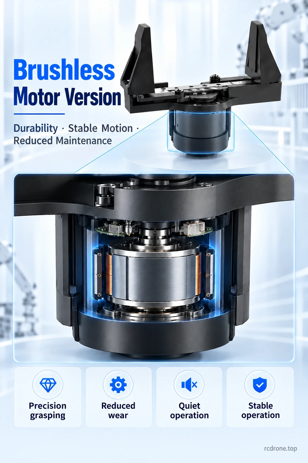 TG9811 brushless motor cutaway and supplier-described design benefits
