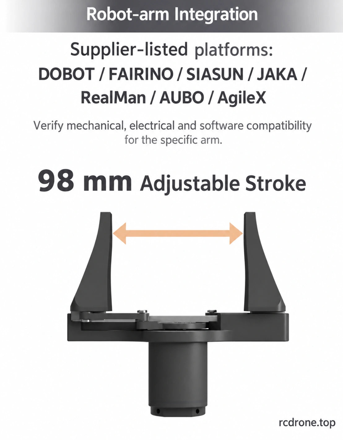 98mm opening and supplier-listed robot-arm integration examples; compatibility requires confirmation