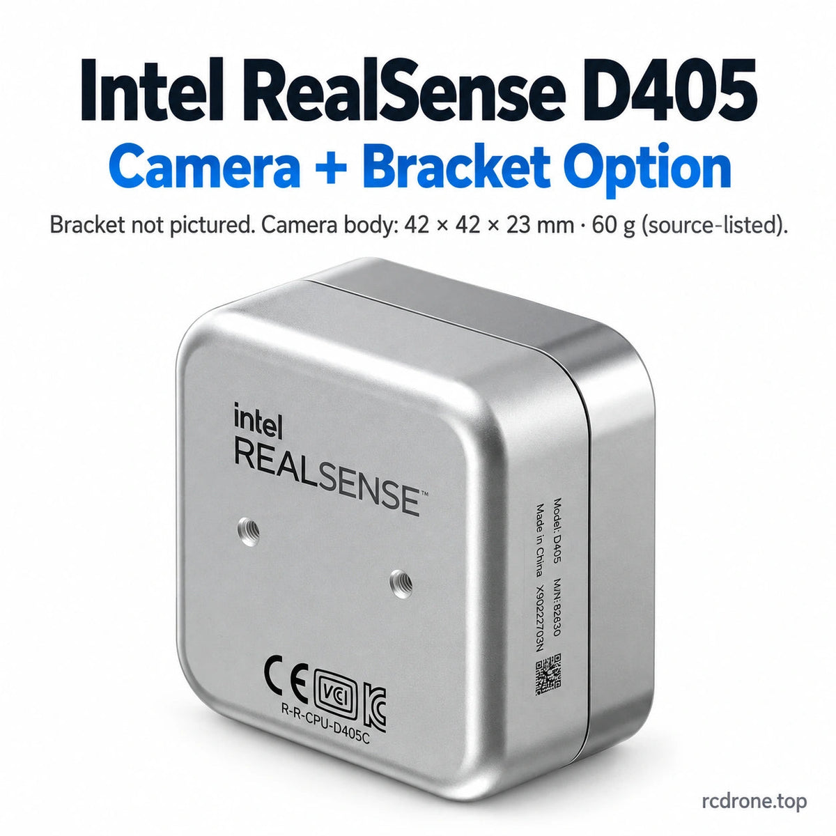 Intel RealSense D405 camera illustration; bracket included by option label