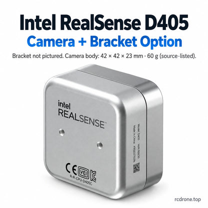 Intel RealSense D405 camera illustration; bracket included by option label