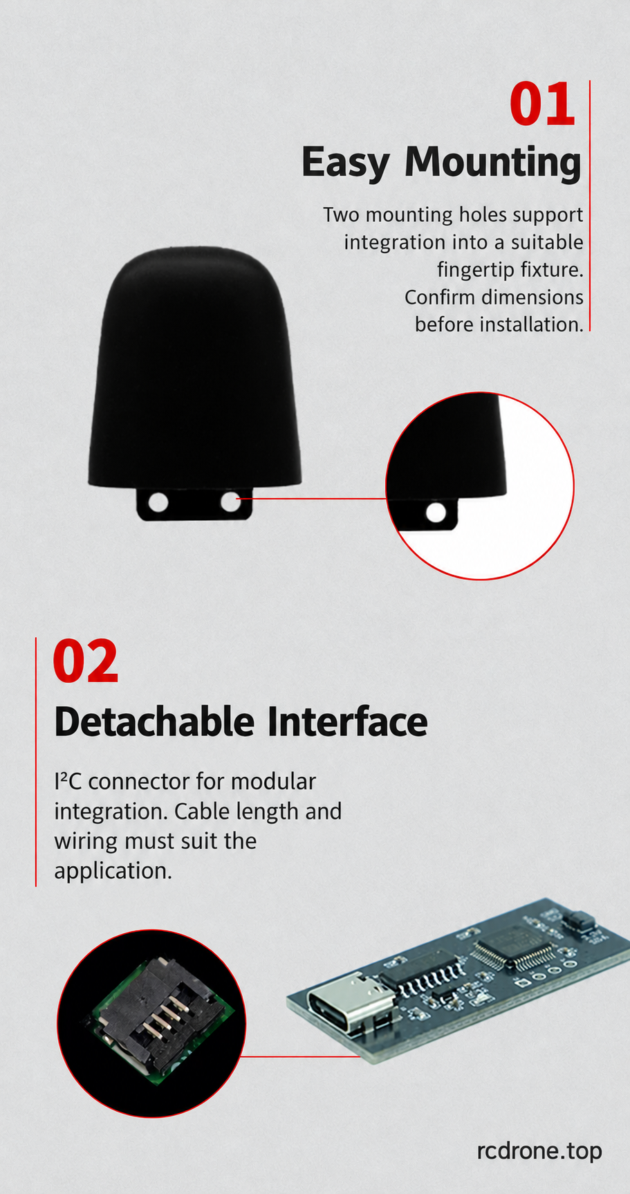 Two-hole mounting tab, detachable sensor connection and optional I2C-to-USB acquisition board.