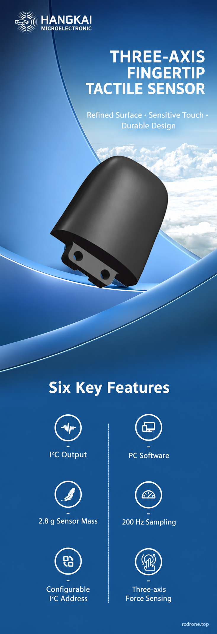 HKVT-M3A overview: I2C output, 2.8g sensor mass, 200Hz sampling and three-axis contact-force sensing.