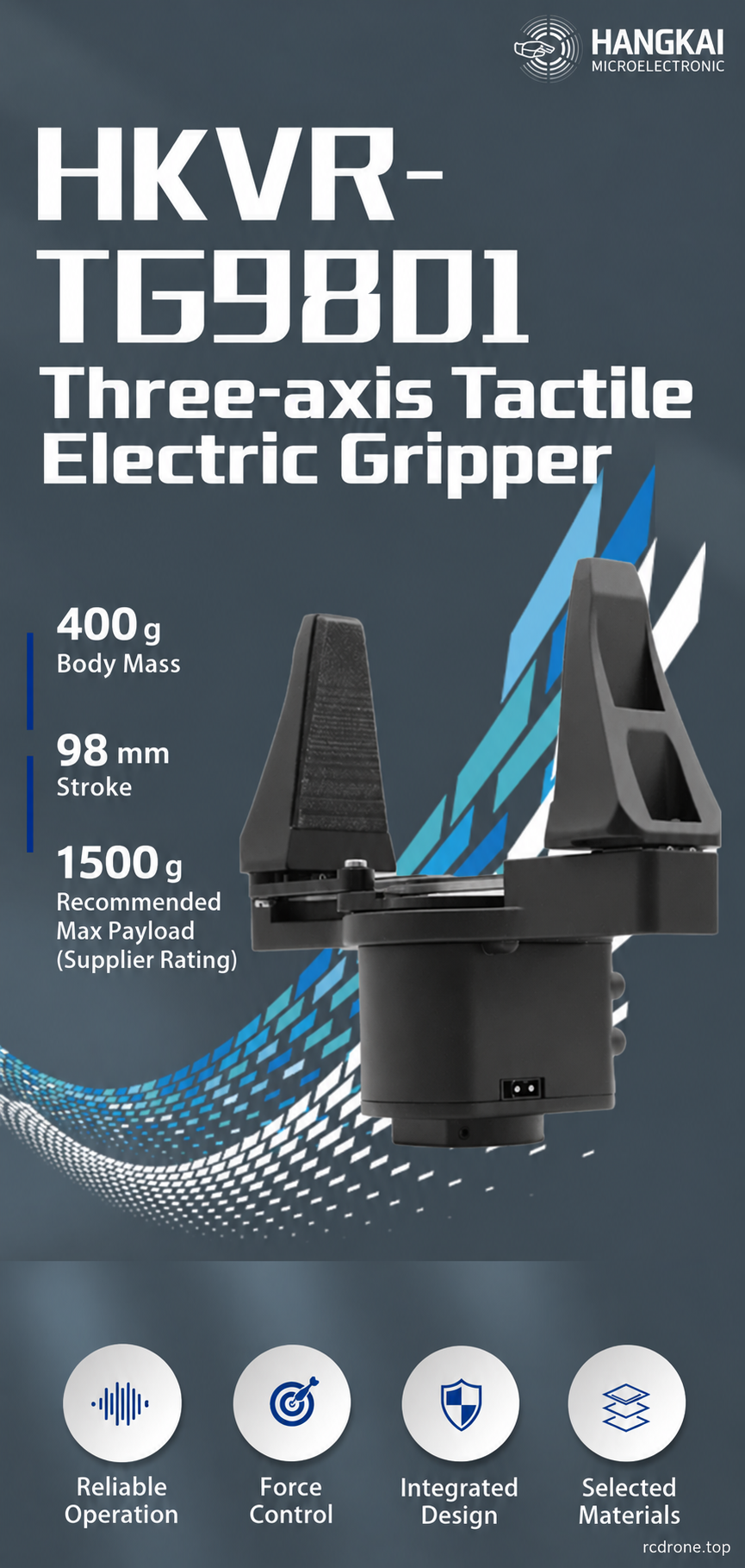 TG9801 tactile electric gripper overview; 400g body mass, 98mm stroke and supplier-rated recommended maximum payload of1500g.