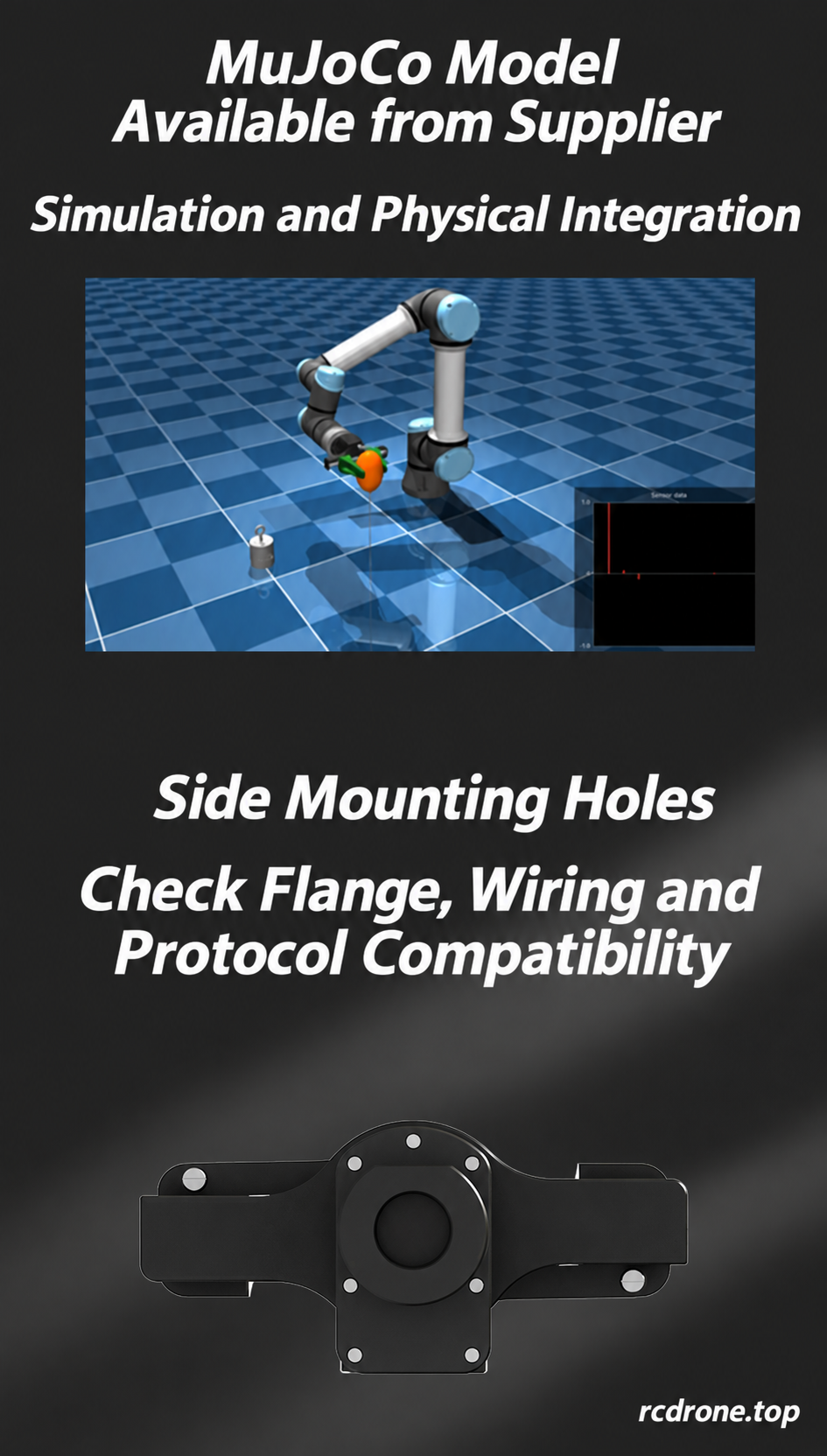 Supplier-provided MuJoCo model and side mounting points; confirm model availability and mechanical compatibility.