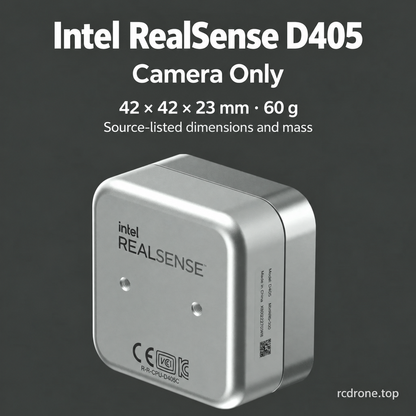 Intel RealSense D405 camera-only option; source dimensions42x42x23mm and60g