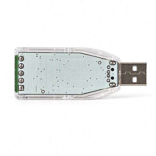 USB communication adapter in transparent housing, front view