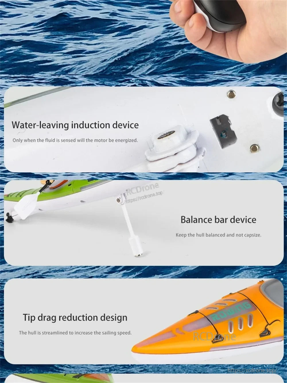 HC-810 RC Boat, A water-sensing device activates the motor, while a balance bar ensures stability and a streamlined hull reduces drag for increased speed.