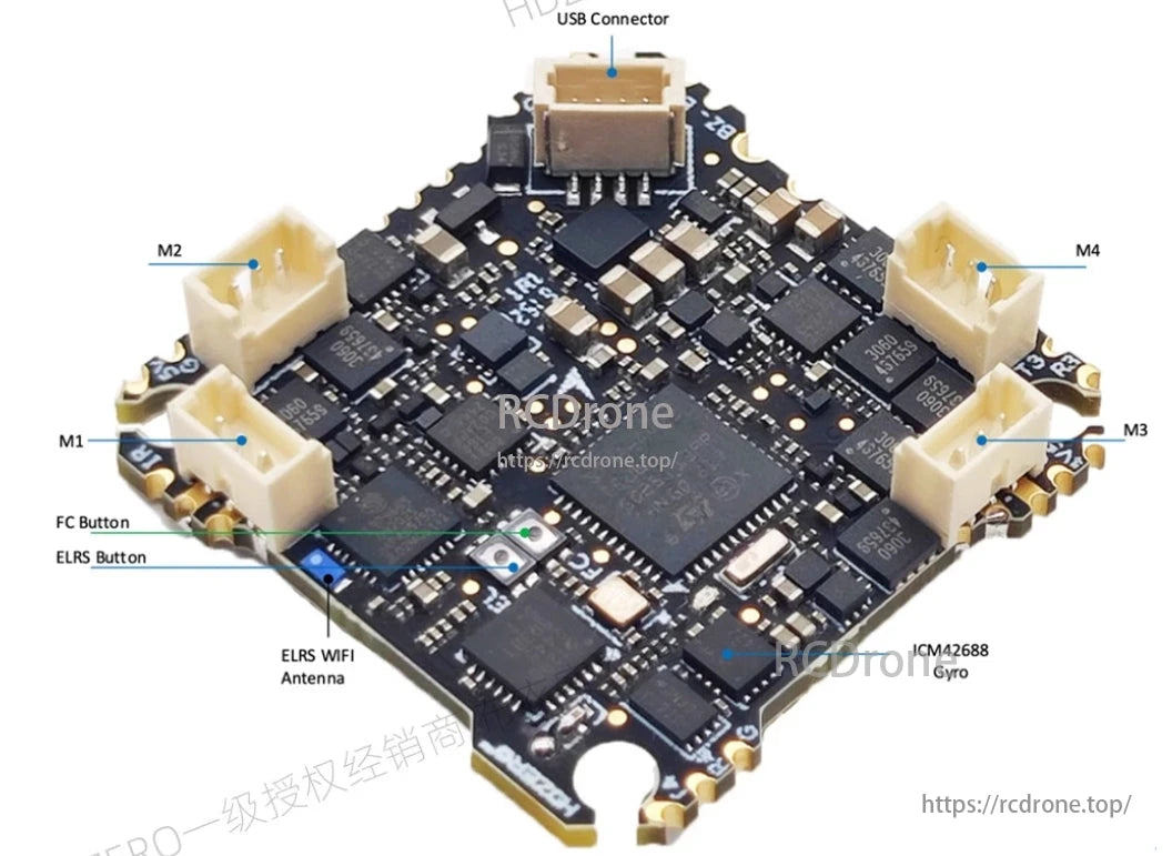 The HDZero AIO15 Flight System features a USB connector, M1-M4 ports, FC and ELRS buttons, an ELRS WIFI antenna, and an ICM42688 gyro for enhanced control.