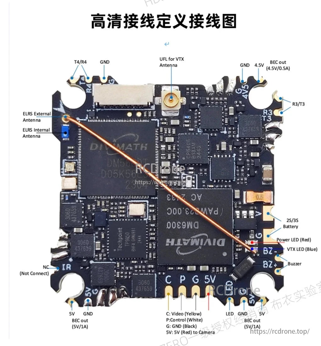 HDZero AIO15 Flight System, HDZero AIO15 wiring diagram details ELRS antennas, VTX antenna (UFL), LEDs, buzzer, battery connections, and BEC voltage outputs.