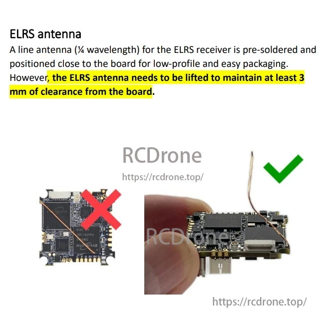 The ELRS antenna is a ¼ wavelength line antenna pre-soldered near the receiver board, requiring at least 3 mm clearance for optimal performance.