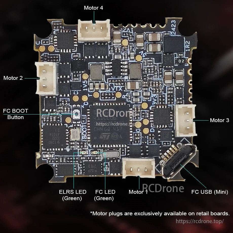 HDZero AIO5 Whoop Drone, The HDZero AIO5 is an all-in-one digital whoop flight controller with F4, ELRS, HD VTX, ESC, BEC, motors 1-4, boot button, LEDs, USB, and exclusive motor plugs.