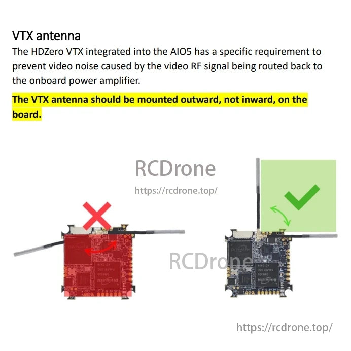 Mount VTX antenna outward on HDZero AIO5 to prevent RF feedback causing video noise; avoid inward installation.