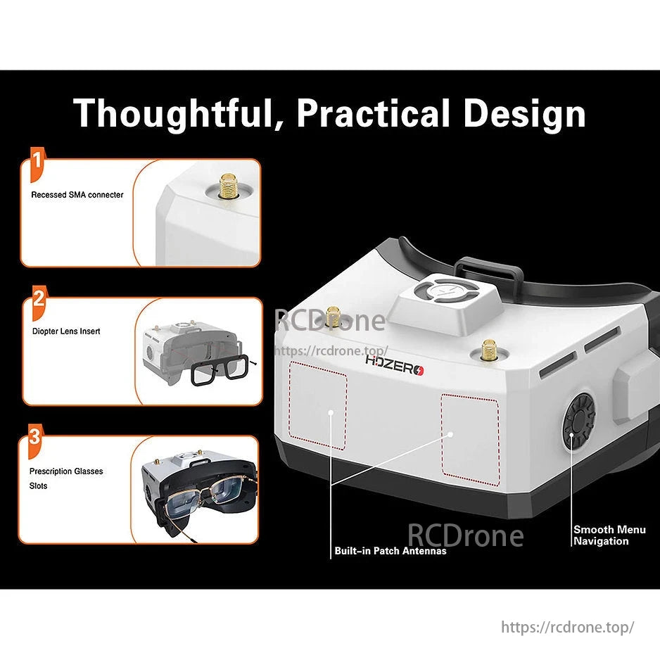 HDZero BoxPro / BoxPro+ FPV Box Goggle, The HDZero BoxPro/BoxPro+ FPV goggles feature an SMA port, diopter lens, glasses slots, antennas, and easy menu navigation.