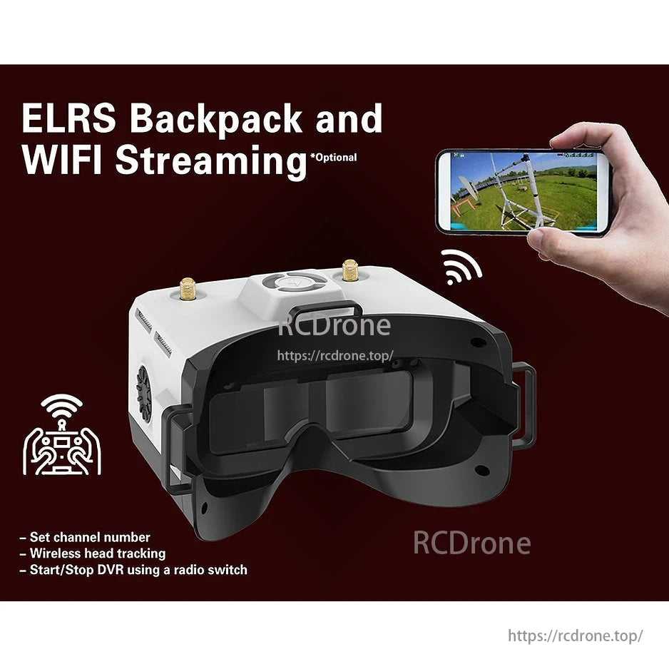 HDZero BoxPro / BoxPro+ FPV Box Goggle, ELRS Backpack with WiFi streaming, channel settings, head tracking, and DVR control.