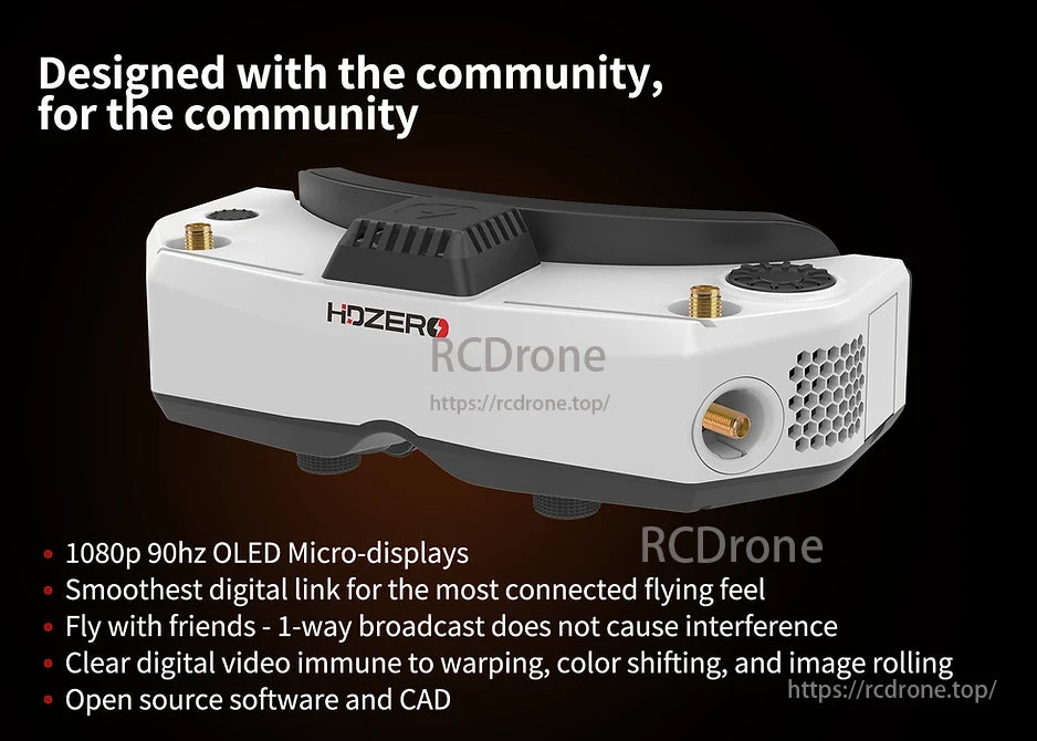 The HDZero Goggle features 1080p 90Hz OLED displays, smooth digital link, friend fly mode, clear video, and open-source software for customization and community use.