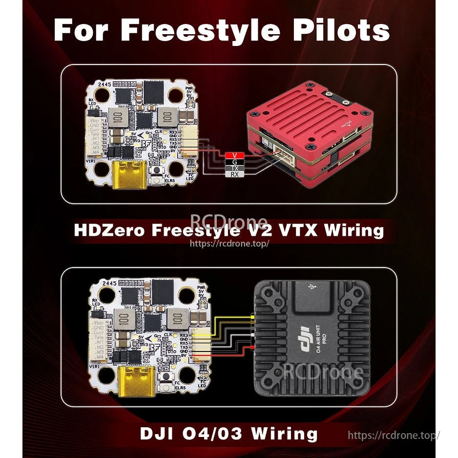 HDZero Halo Mini Flight Controller, Wiring diagrams for HDZero Freestyle V2 VTX and DJI O4/03 with H743 flight controller and ELRS Gemini, tailored for freestyle pilots.