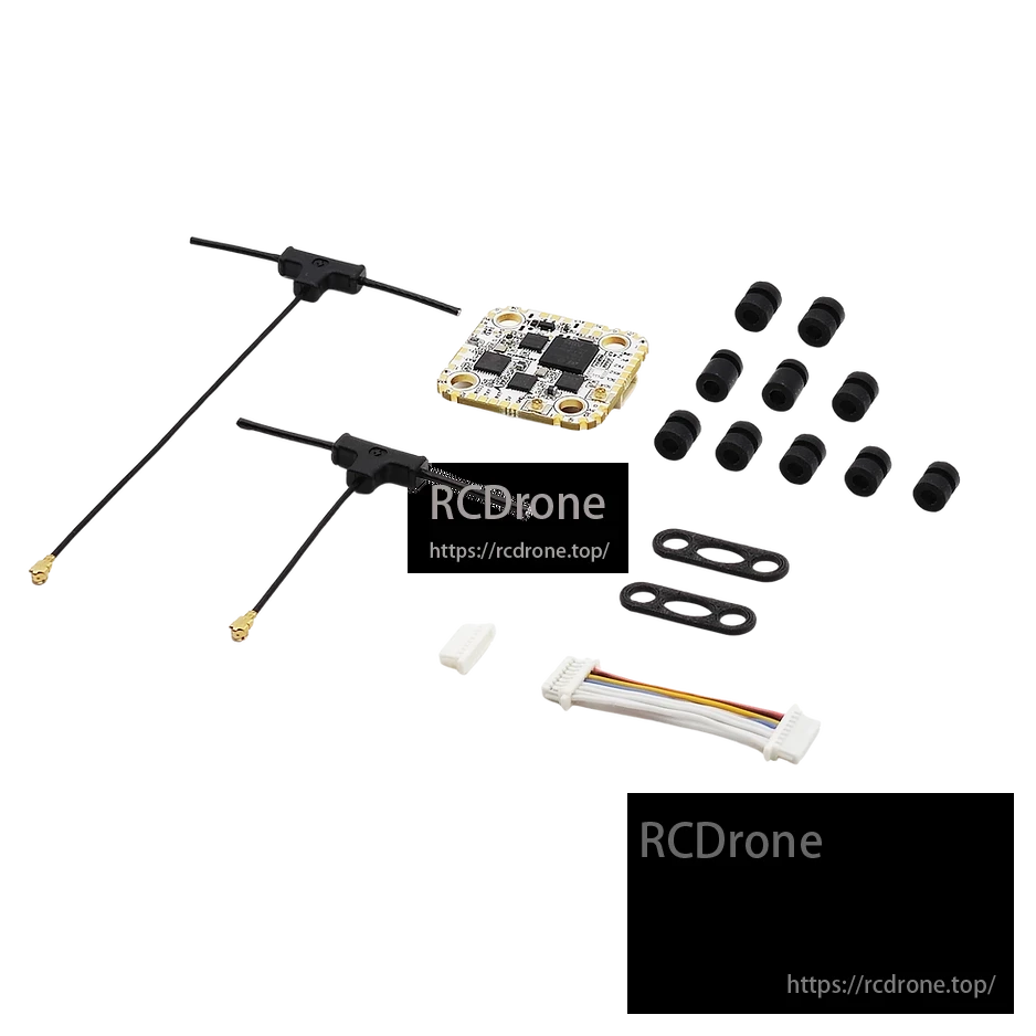 HDZero Halo Mini Flight Controller, The HDZero Halo Mini flight controller features H743, ELRS Gemini, dual BEC outputs, and includes connectors, antennas, and mounting hardware.