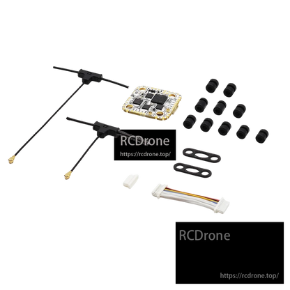 HDZero Halo Mini Flight Controller, The HDZero Halo Mini flight controller features H743, ELRS Gemini, dual BEC outputs, and includes connectors, antennas, and mounting hardware.