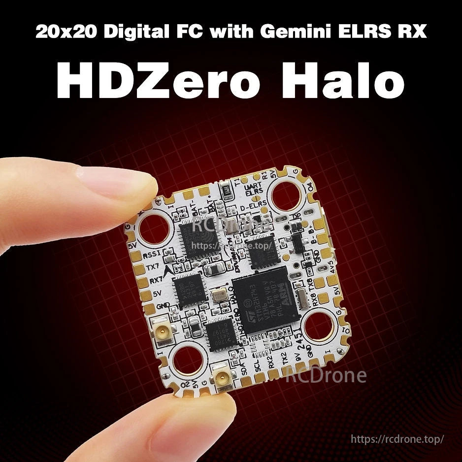 HDZero Halo Mini flight controller features H743 chip, ELRS Gemini, dual BEC, and compact 20x20 design for advanced FPV performance.