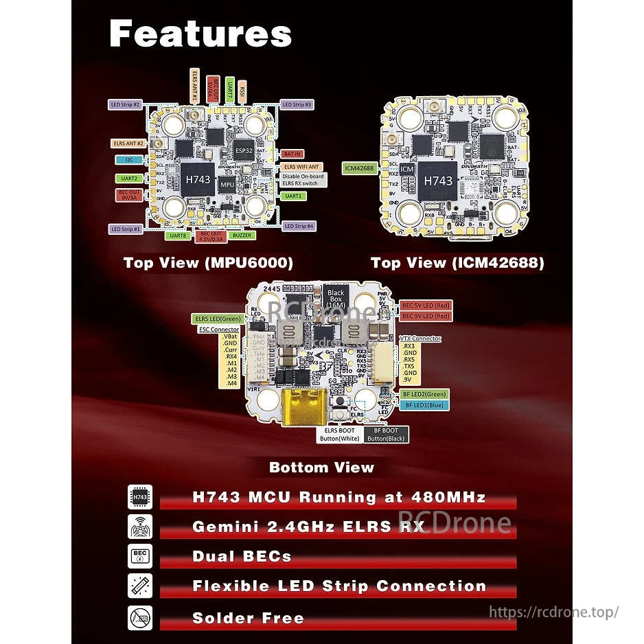 The HDZero Halo Mini Flight Controller features an H743 MCU, Gemini 2.4GHz ELRS RX, dual BECs, LED strip support, and a solder-free design, with MPU6000 and ICM42688 configurations visible from the top view.