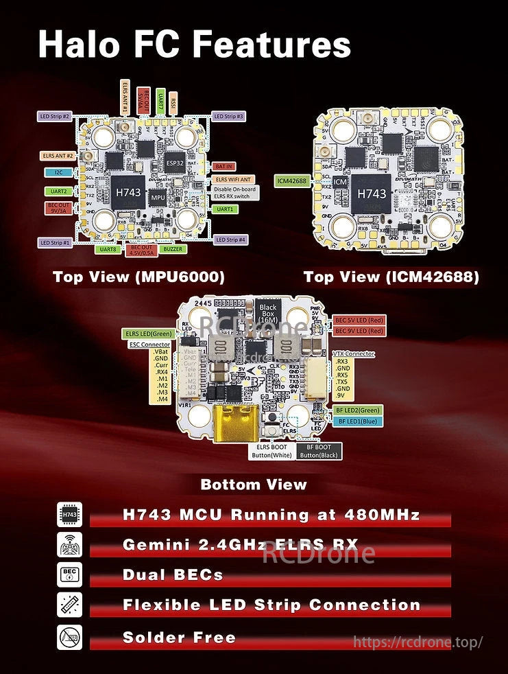 The HDZero Halo Stack features an H743 MCU, Gemini 2.4GHz ELRS RX, dual BECs, LED support, and a solder-free design, with top views showing MPU6000 and ICM42688 setups.