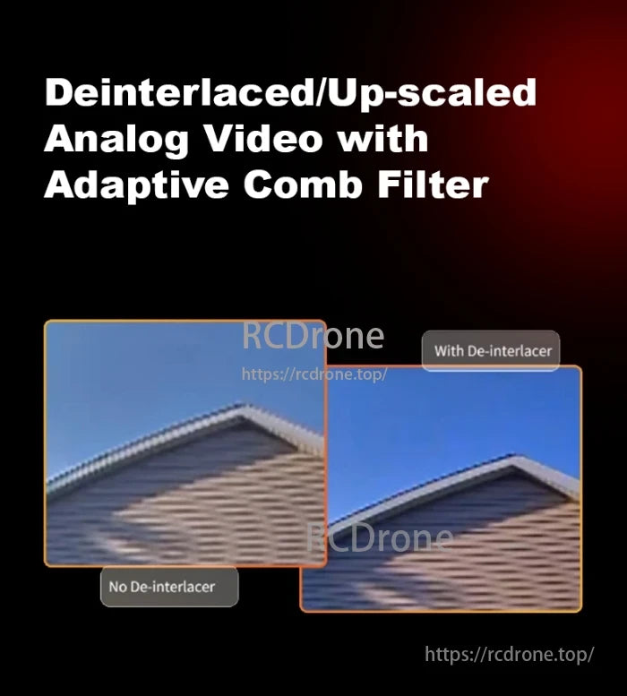 HDZero Monitor, Deinterlaced/up-scaled analog video with adaptive comb filter comparison displayed.