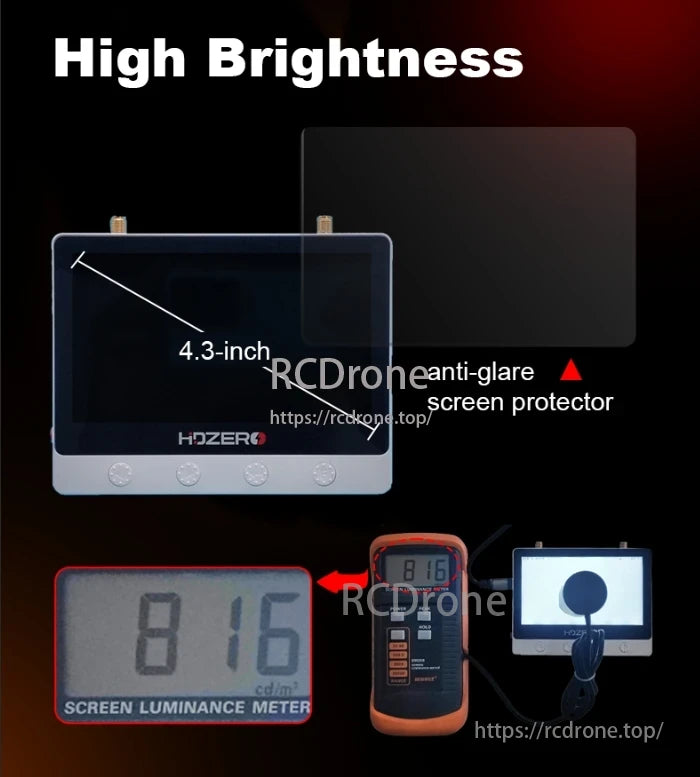 The HDZero Monitor features a 4.3-inch, high-brightness (816 cd/m²) screen with an anti-glare protector.