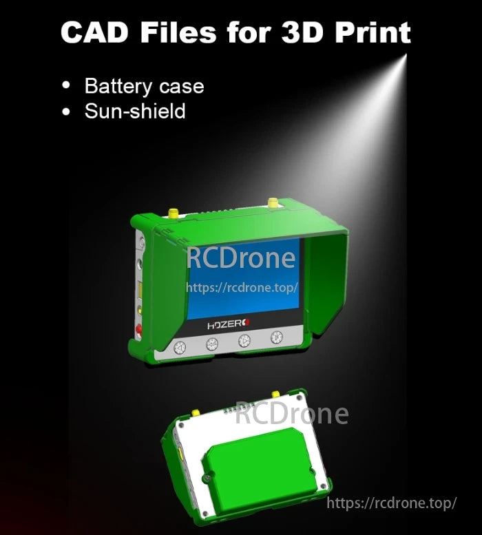 3D-printable CAD files for a battery case and sun-shield, compatible with HDZero monitors featuring green casing and blue screen display.