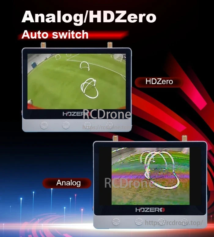 The HDZero Monitor automatically switches between Analog and HDZero modes, displaying clear and glitched images for comparison.