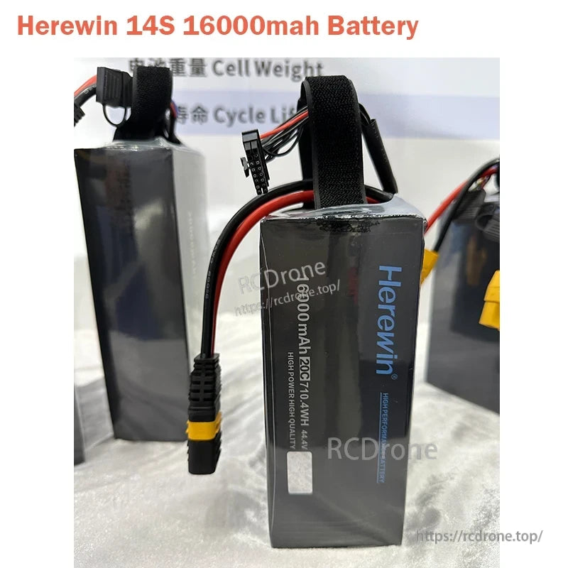 Herewin 14S 20C Li-Po Battery, High-power 14S 16000mAh 44.4V battery with red/black wires and connector, high quality.