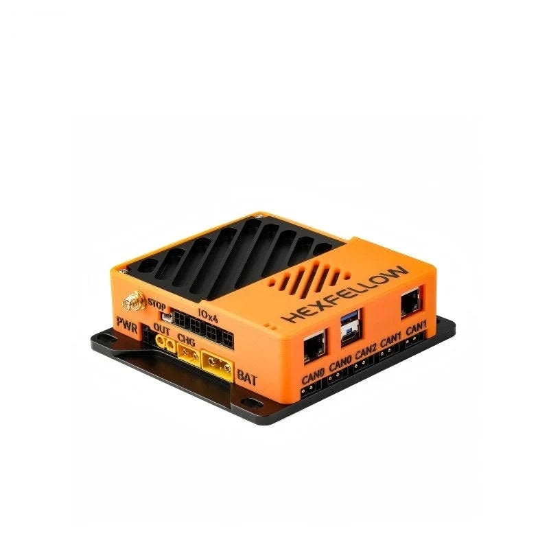 Angled front and side view of the orange HexFellow computer showing CAN ports, PWR, OUT, CHG and BAT labeled connections.