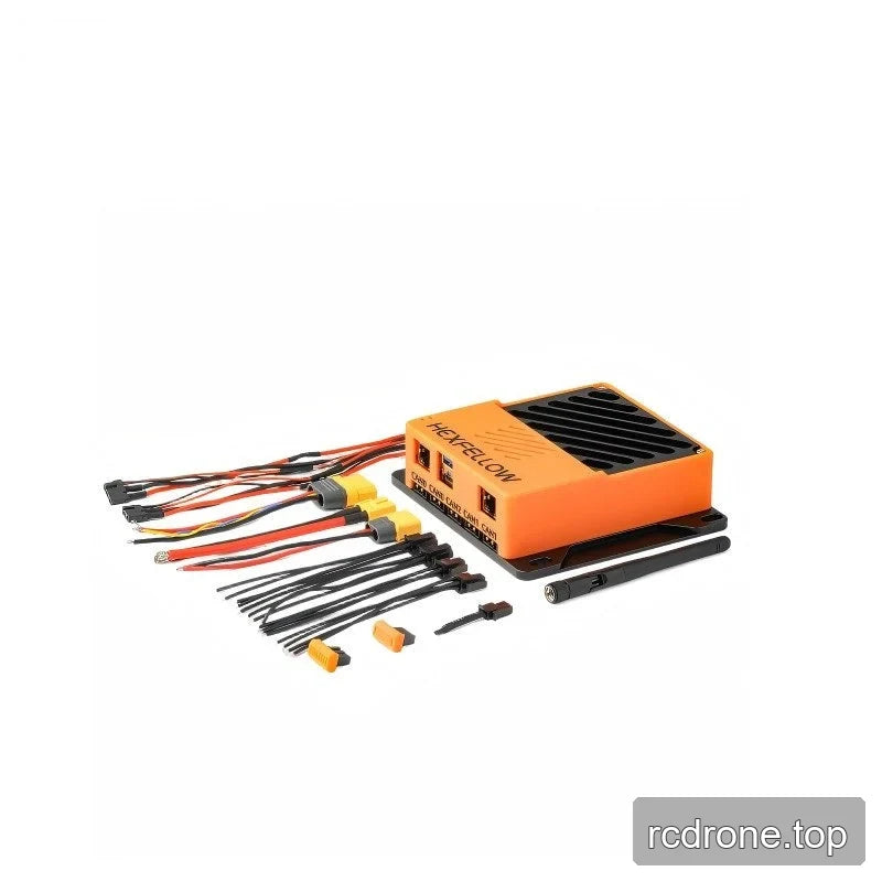 HexFellow computer displayed with bundled wiring harnesses, cable ties and a black handheld accessory on a white background.