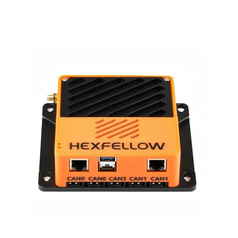 Orange HexFellow robotics computer shown from the front with black vent grille, mounting plate, USB and labeled CAN ports.