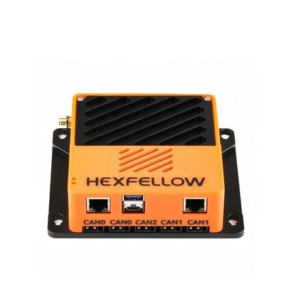 Orange HexFellow robotics computer shown from the front with black vent grille, mounting plate, USB and labeled CAN ports.