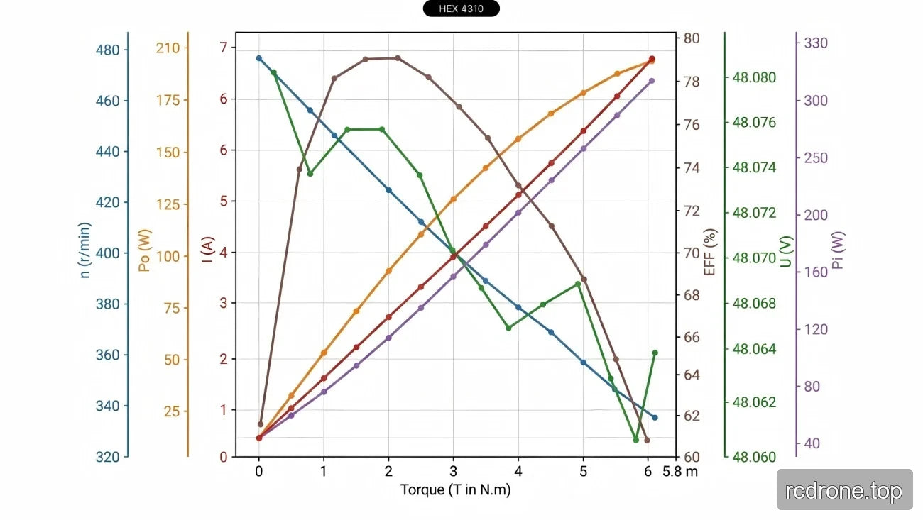 HEX 4310 motor characteristics chart plotted against torque
