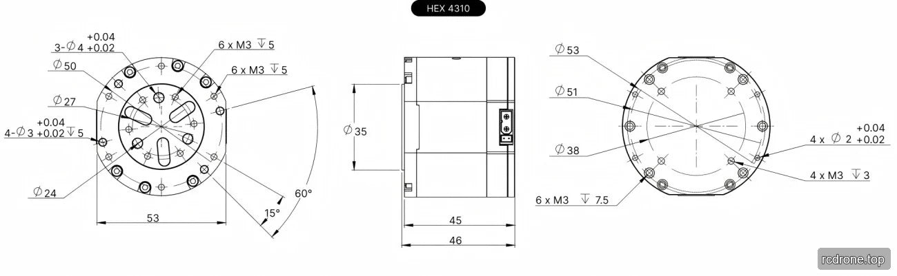 HEX 4310 motor engineering drawing with mounting and envelope dimensions