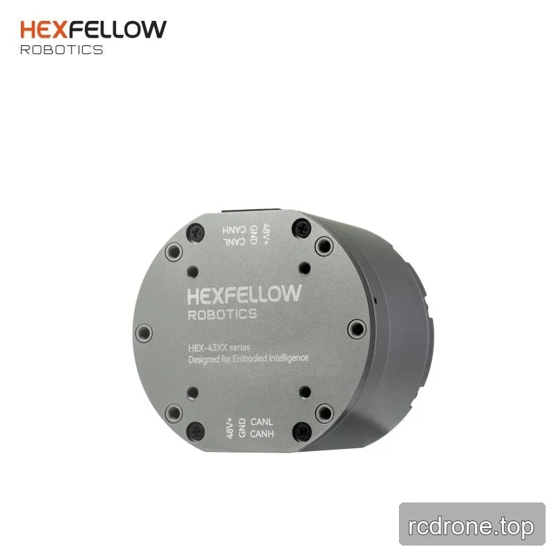 Angled rear view of the HEXMOTOR 4310 end plate showing printed CAN and 48V connection labels.