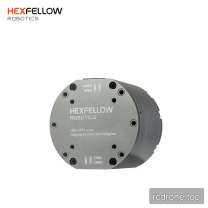 Angled rear view of the HEXMOTOR 4310 end plate showing printed CAN and 48V connection labels.