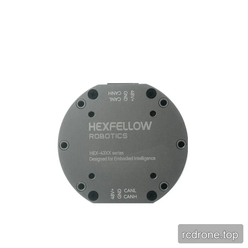Rear end plate of the HEXMOTOR 4310 with printed 48V, GND, CANL, and CANH connection labels.