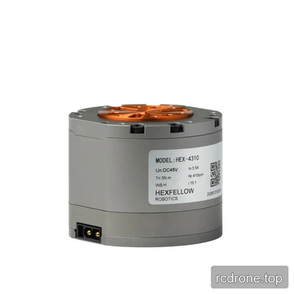 HexFellow HEXMOTOR 4310 side view with specification label, QR code, orange face edge, and connector.