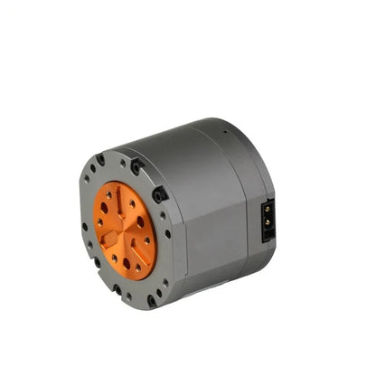 HexFellow HEXMOTOR 4310 shown horizontally, highlighting the orange mounting face, gray housing, and side connector.