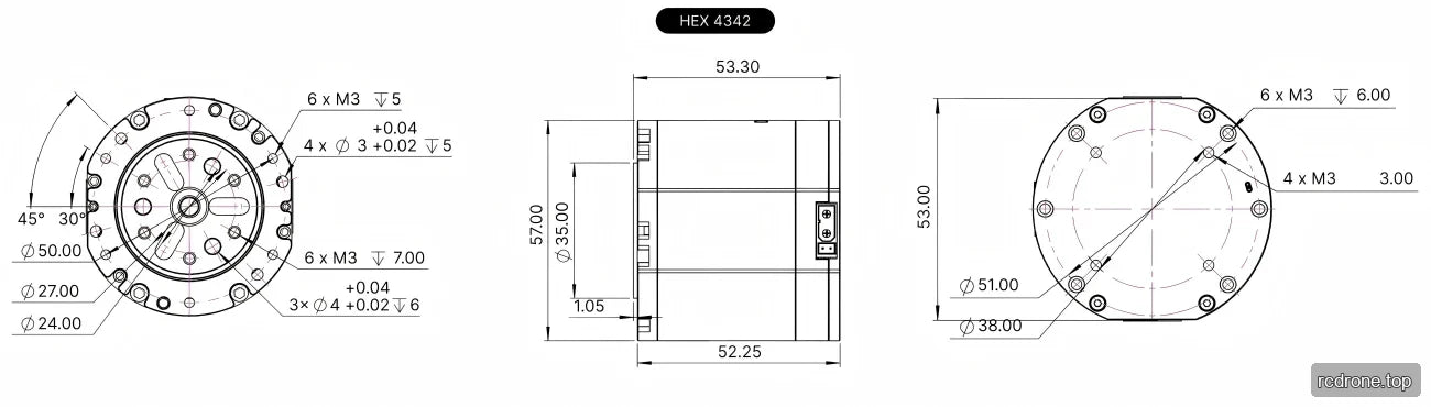 HEX 4342 motor dimensional drawing with mounting-hole and overall measurements