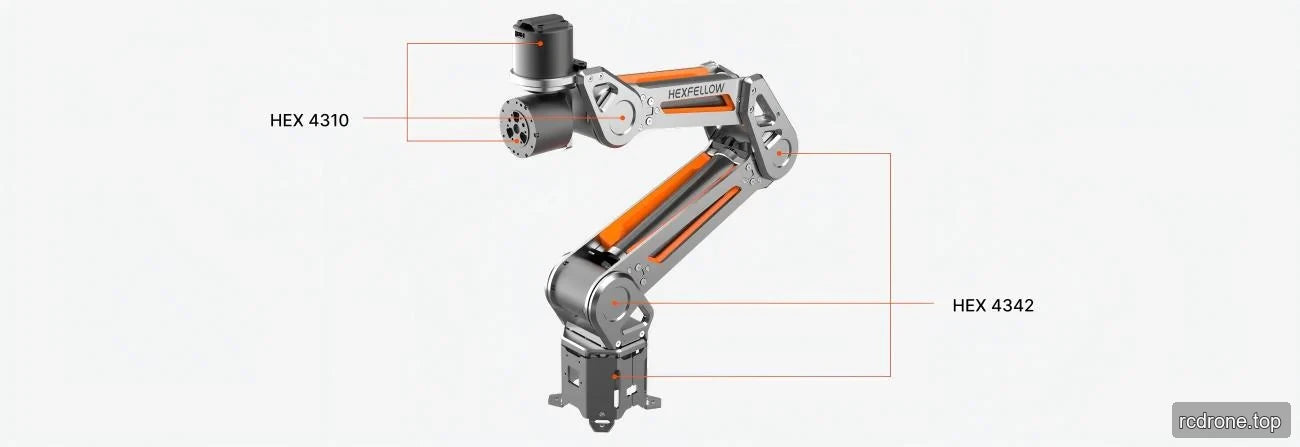 Robotic arm illustration with HEX 4310 and HEX 4342 motor callouts
