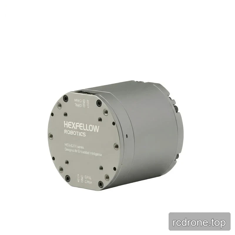 Rear angled view of the gray motor showing the engraved HexFellow Robotics end plate and CANH, CANL, and 48V markings.