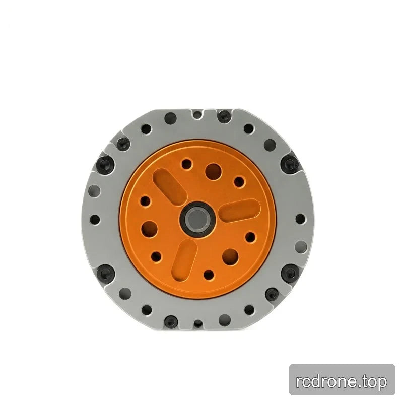 Front-facing close view of the motor's orange circular mounting plate, central shaft, and surrounding gray bolt-hole ring.