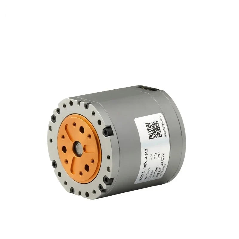 Angled side view of the gray HEXMOTOR 4342P motor showing its orange shaft face and side QR-code specification label.