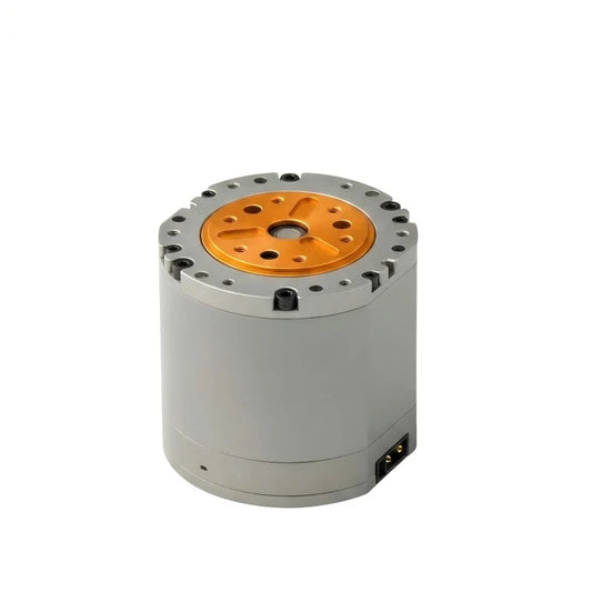 HexFellow HEXMOTOR 4342P motor standing upright with orange circular mounting face and lower connector port.