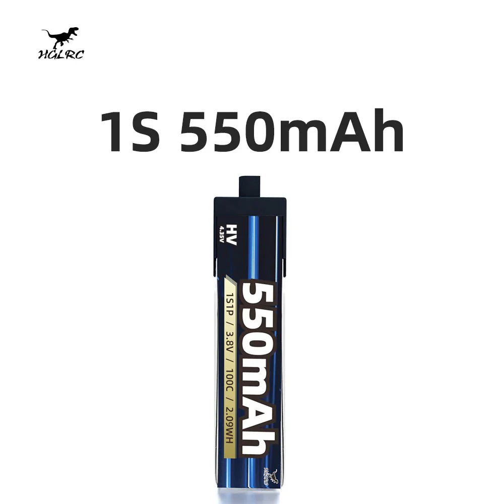 HGLRC 1S 550mAh HV LiPo battery pack close-up with printed specs on label