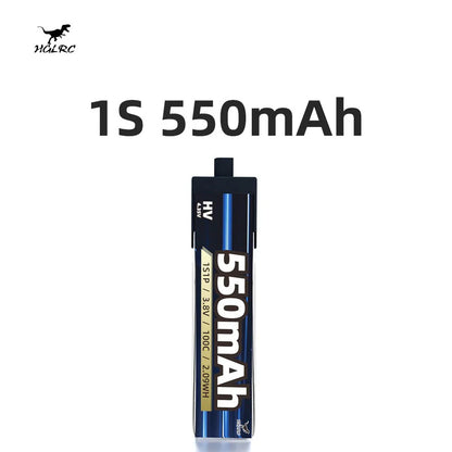 HGLRC 1S 550mAh HV LiPo battery pack close-up with printed specs on label