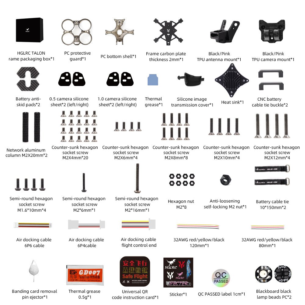 HGLRC Talon frame kit contents layout with carbon plate, TPU mounts, screws, cables, and accessories